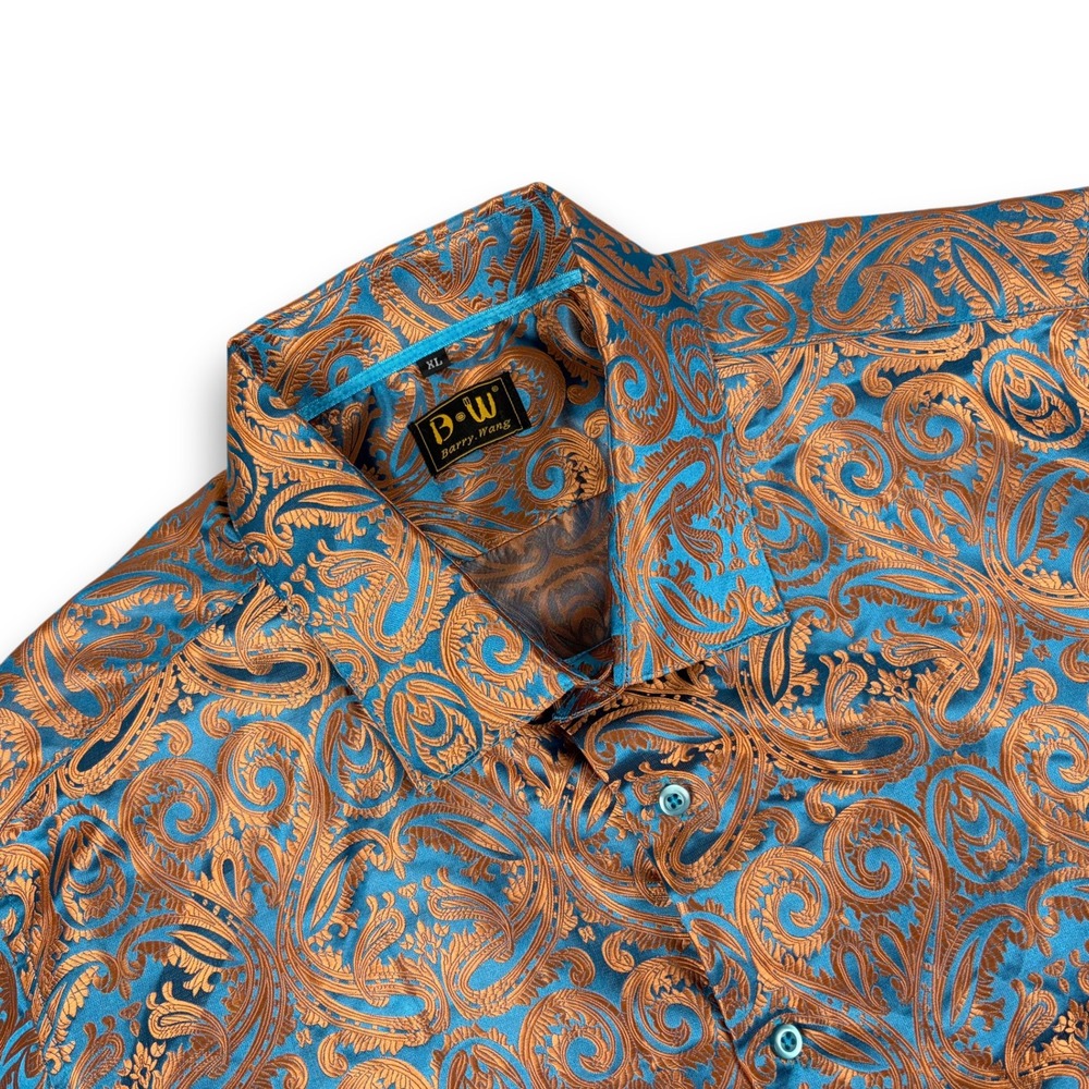 Barry Wang Button Up Men XL Teal Orange Silk Blend Paisley Jacquard Long Sleeve